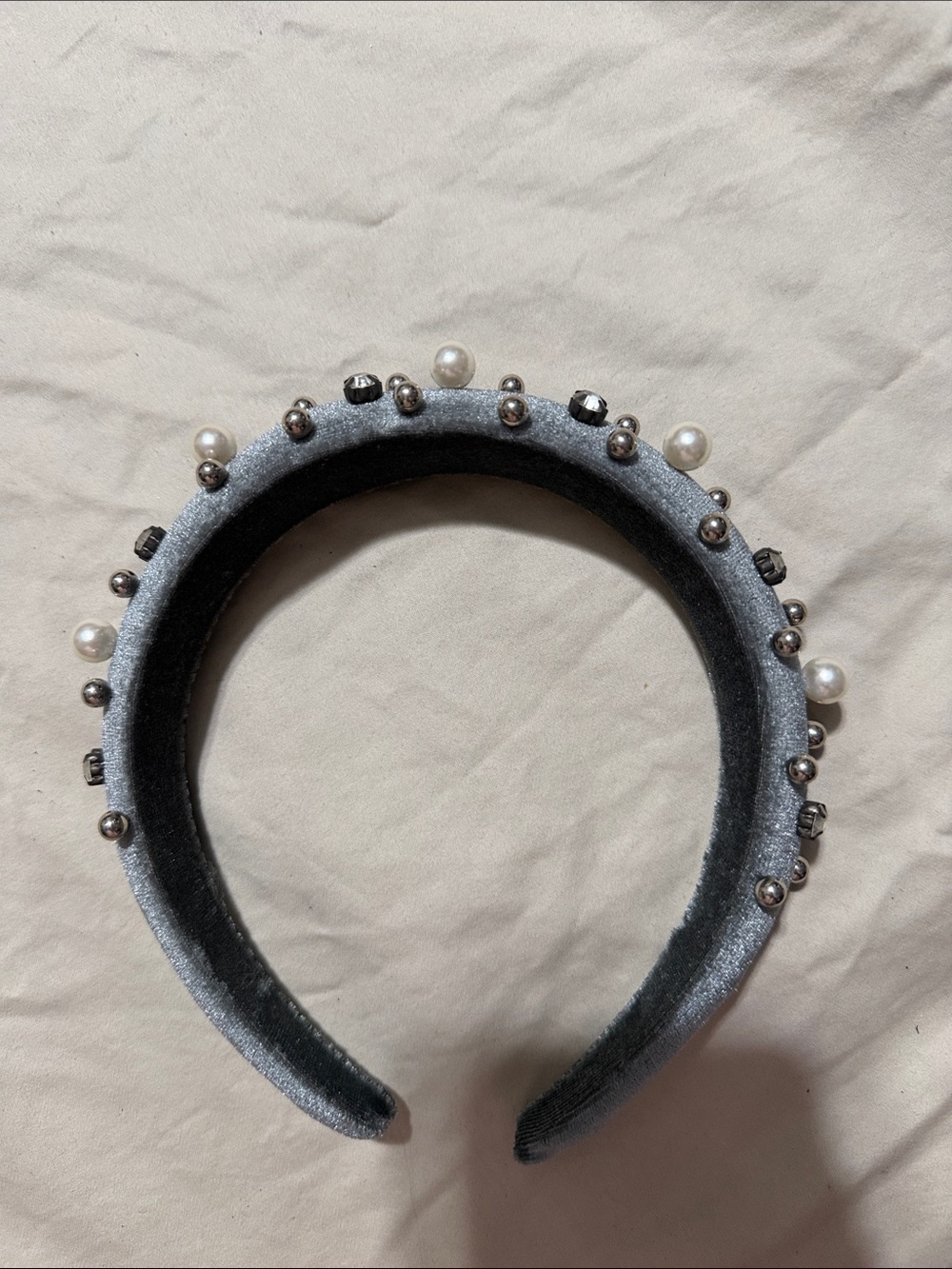 C&C California Silver Velvet Headband with Pearl & Metallic Beads